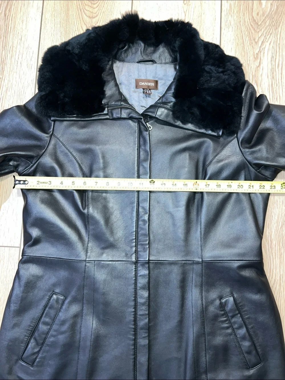 Danier Black Leather Coat with Plush Rabbit Fur Collar - Picture 14 of 15